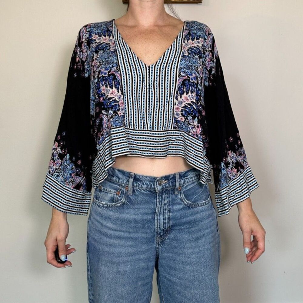 Free People Black and Blue Floral Crop Top